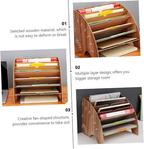 1Pc Fan Shaped Wooden Book Rack Office Storage Shelf for Files Multi Compartment Design for Study and Workspace Organization Cherry Finish in Saudi Arabia