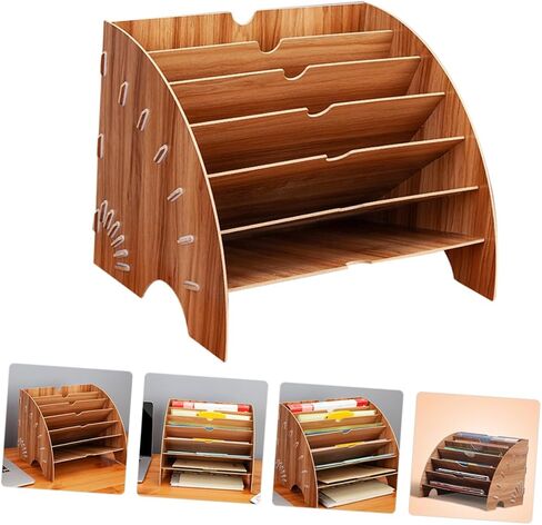 1Pc Fan Shaped Wooden Book Rack Office Storage Shelf for Files Multi Compartment Design for Study and Workspace Organization Cherry Finish in Saudi Arabia