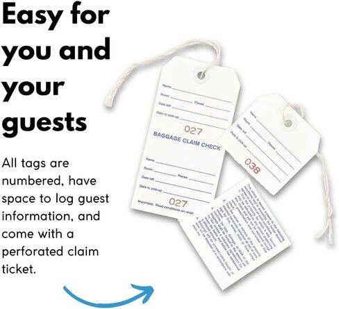 Hotel Luggage Claim Tag with String, Serial Numbering, and Perforated Claim Ticket – Blank White Disposable Bag Tags for Hotel and Motel Bag Storage (Set of 1000) in Saudi Arabia