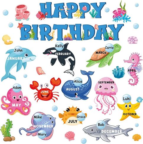 73 Pcs Ocean Animal Bulletin Board Decoration Set Under The Sea Paper Cutting Happy Birthday Bulletin Board Set with Glue Points for Back to School Summer Party Classroom Wall in Saudi Arabia
