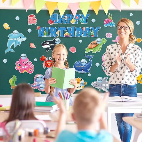 73 Pcs Ocean Animal Bulletin Board Decoration Set Under The Sea Paper Cutting Happy Birthday Bulletin Board Set with Glue Points for Back to School Summer Party Classroom Wall in Saudi Arabia
