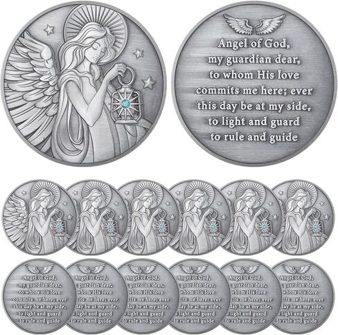 Tondiamo 12 Pcs Guardian Angel Coin Christian Challenge Lucky Coin Gift with Aqua Crystal Gemstone and Angel Prayer for Sunday School or Church Christian in Saudi Arabia