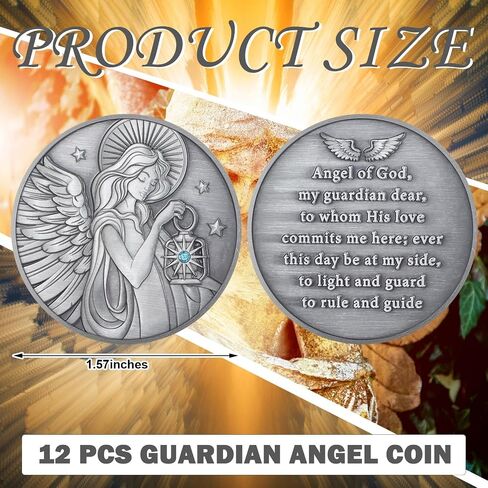 Tondiamo 12 Pcs Guardian Angel Coin Christian Challenge Lucky Coin Gift with Aqua Crystal Gemstone and Angel Prayer for Sunday School or Church Christian in Saudi Arabia