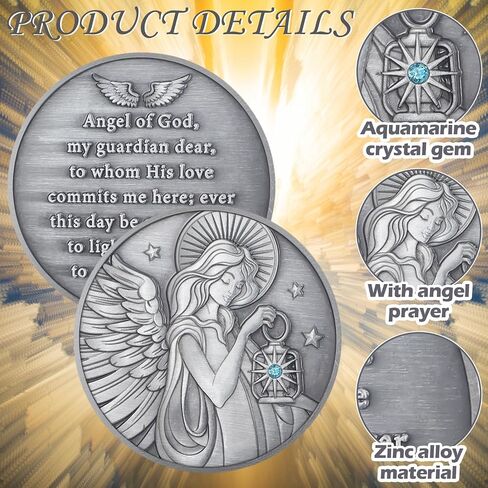 Tondiamo 12 Pcs Guardian Angel Coin Christian Challenge Lucky Coin Gift with Aqua Crystal Gemstone and Angel Prayer for Sunday School or Church Christian in Saudi Arabia