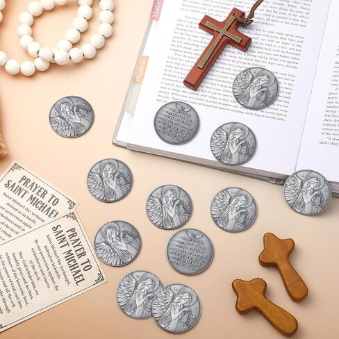 Tondiamo 12 Pcs Guardian Angel Coin Christian Challenge Lucky Coin Gift with Aqua Crystal Gemstone and Angel Prayer for Sunday School or Church Christian in Saudi Arabia