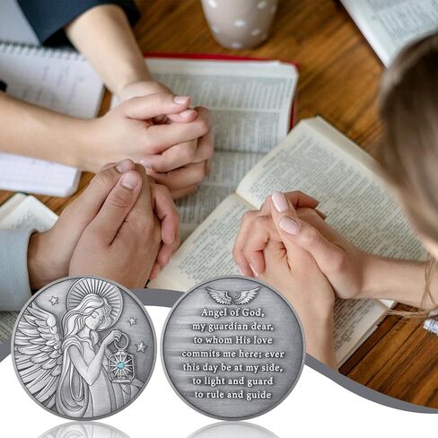 Tondiamo 12 Pcs Guardian Angel Coin Christian Challenge Lucky Coin Gift with Aqua Crystal Gemstone and Angel Prayer for Sunday School or Church Christian in Saudi Arabia