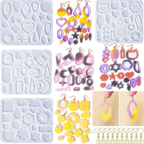 104Pcs Geometric Resin Earring Molds Kit, Flower Shaped Earrings Silicone Mold for Epoxy Resin Dangle Drop Jewelry Molds Making Kit with 100 Earring Hook for Earrings Necklace Pendants (Irregular) in Saudi Arabia