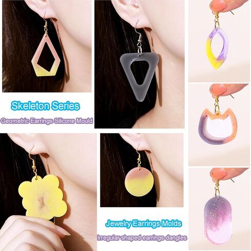 104Pcs Geometric Resin Earring Molds Kit, Flower Shaped Earrings Silicone Mold for Epoxy Resin Dangle Drop Jewelry Molds Making Kit with 100 Earring Hook for Earrings Necklace Pendants (Irregular) in Saudi Arabia