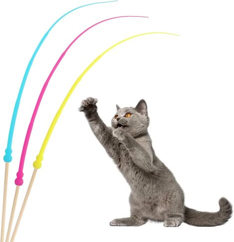 3 Pcs Interactive Cat Toys, Wand Toy Silicone Tail Teaser Wand, Hunting Chase Exercise Stress Relief Cat String Wands Toy Cats Accessories for Indoor Kittens and Adult Cats (Yellow, Blue, Pink) in Saudi Arabia