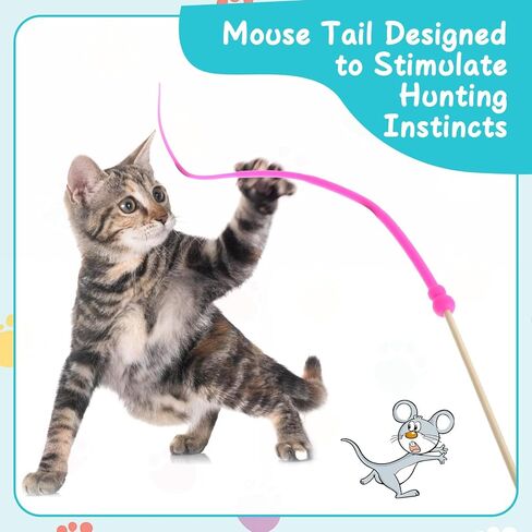 3 Pcs Interactive Cat Toys, Wand Toy Silicone Tail Teaser Wand, Hunting Chase Exercise Stress Relief Cat String Wands Toy Cats Accessories for Indoor Kittens and Adult Cats (Yellow, Blue, Pink) in Saudi Arabia