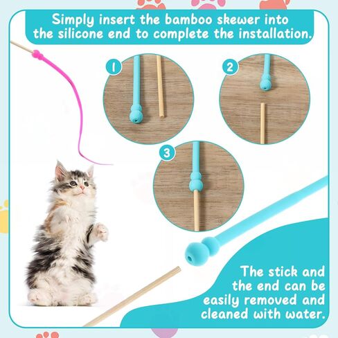 3 Pcs Interactive Cat Toys, Wand Toy Silicone Tail Teaser Wand, Hunting Chase Exercise Stress Relief Cat String Wands Toy Cats Accessories for Indoor Kittens and Adult Cats (Yellow, Blue, Pink) in Saudi Arabia