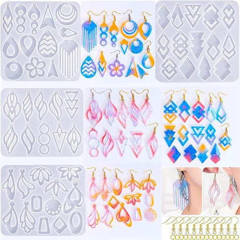 104Pcs Geometric Resin Earring Molds Kit, Flower Shaped Earrings Silicone Mold for Epoxy Resin Dangle Drop Jewelry Molds Making Kit with 100 Earring Hook for Earrings Necklace Pendants (Irregular) in Saudi Arabia