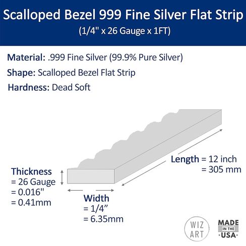 سلك الإطار المحرك المحرك 999 غرامة الفضة الفضية الشريط (1/4 "× 26 مقياس × 1 قدمًا) - قطاع واحد - لفن المجوهرات من Wizart in Kuwait