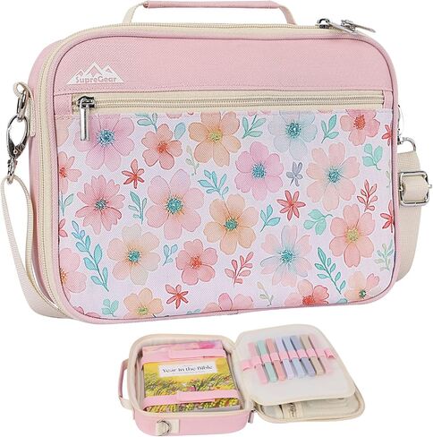 supregear Bible Cover Case for Women, Carrying Book Canvas Church Bag with Shoulder and Handle for Study Supplies Accessories, Quilted Organizer Christian Gift for Girl/Ladies, Floral Pink in Kuwait