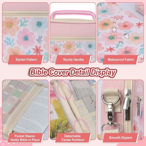 supregear Bible Cover Case for Women, Carrying Book Canvas Church Bag with Shoulder and Handle for Study Supplies Accessories, Quilted Organizer Christian Gift for Girl/Ladies, Floral Pink in Kuwait