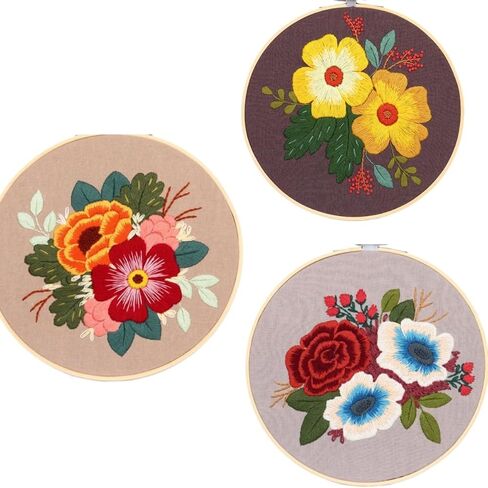 3 مجموعات تطريز المبتدئين مجموعات زهرة الفاوانيا بوني منقوشة وإبر مجموعات المطرزة DIY Art Craft Edelework Kits Wall Decor Terceder Cross Cross Bith With Awoop (Black) in Saudi Arabia