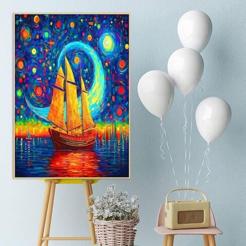 Wisondap Sailing Under the Moon Diamond Painting Kits للبالغين ، مجموعات فنون Sky Diamond 5D للمبتدئين ، DIY Cull Drill Paint مع الماس ، ديكور الجدار المنزلي 12 × 12 بوصة ، مركب شراعي in Saudi Arabia