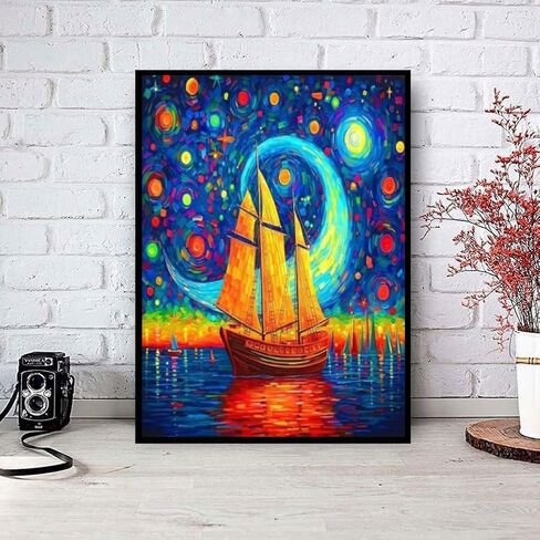 Wisondap Sailing Under the Moon Diamond Painting Kits للبالغين ، مجموعات فنون Sky Diamond 5D للمبتدئين ، DIY Cull Drill Paint مع الماس ، ديكور الجدار المنزلي 12 × 12 بوصة ، مركب شراعي in Saudi Arabia