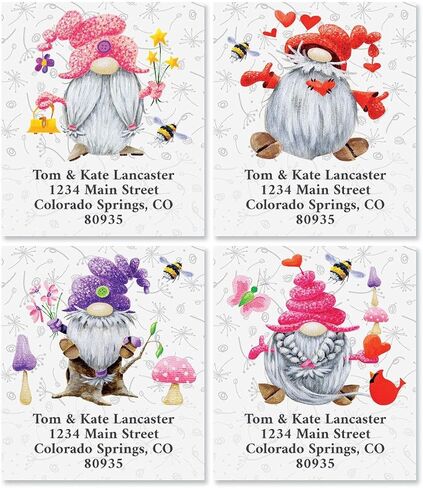 Colorful Gnomes Spring Personalized Address Labels - Set of 144 (6 Designs), Valentine's Day, Easter, 1 ½" x 1 ¾", Self-Adhesive, Large Flat-Sheet Return Labels, by Colorful Images in Saudi Arabia