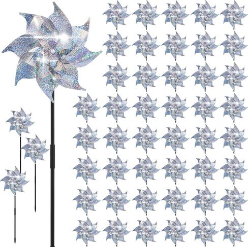 Qualirey 48 Pack عاكسة pinwheels مع حصص pinwheels Sparkly for Yard and Garden Windmill Spinners الكفاءة ردع المواد العاكسة تحافظ على الطيور بعيدًا عن حديقة الساحة (الفضة) in Kuwait
