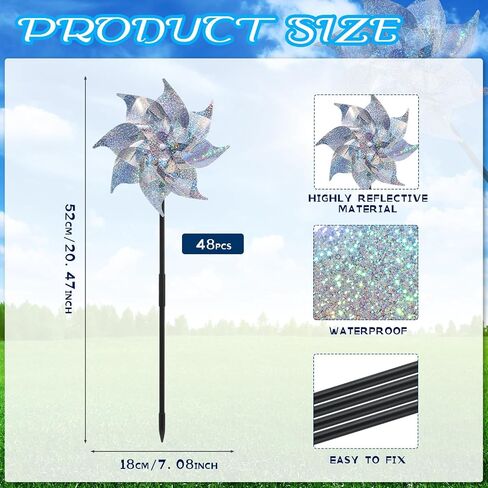 Qualirey 48 Pack عاكسة pinwheels مع حصص pinwheels Sparkly for Yard and Garden Windmill Spinners الكفاءة ردع المواد العاكسة تحافظ على الطيور بعيدًا عن حديقة الساحة (الفضة) in Kuwait