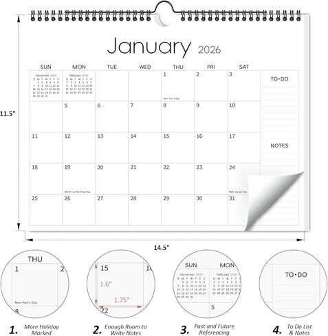 Aesthetic Wall Calendar 2025-2026, 17 Monthly Horizontal Hanging Calendar from August 2025 to December 2026, 14.5" x 11.5" Minimalist Modern & Simple Paper Wall Calendar for School, Home, Office in Kuwait