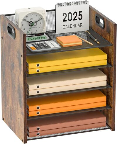 5-Tier Wood Desk Organizer with Handle, Mesh Paper Organizer Letter Tray, Metal Desk File Organizer, File Sorter Document Holder, Filing Cabinets for Home Office, School in Kuwait
