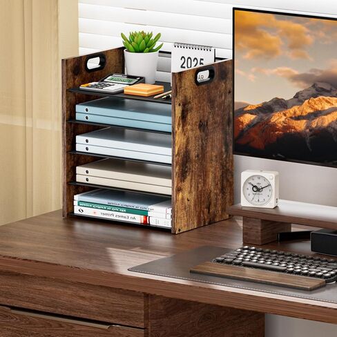 5-Tier Wood Desk Organizer with Handle, Mesh Paper Organizer Letter Tray, Metal Desk File Organizer, File Sorter Document Holder, Filing Cabinets for Home Office, School in Kuwait