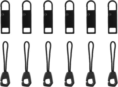 12pcs Zipper Pull Replacement Kit, Detachable Metal Zipper Tabs Tag and Extension Pull Cords Repair Slider Head Fixer for Backpack Jacket Pants Luggage Boots Tent (Black) in Kuwait