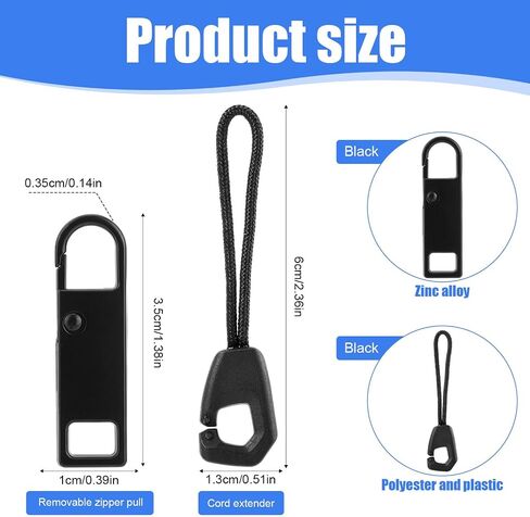 12pcs Zipper Pull Replacement Kit, Detachable Metal Zipper Tabs Tag and Extension Pull Cords Repair Slider Head Fixer for Backpack Jacket Pants Luggage Boots Tent (Black) in Kuwait