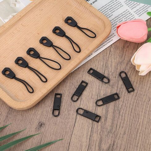 12pcs Zipper Pull Replacement Kit, Detachable Metal Zipper Tabs Tag and Extension Pull Cords Repair Slider Head Fixer for Backpack Jacket Pants Luggage Boots Tent (Black) in Kuwait