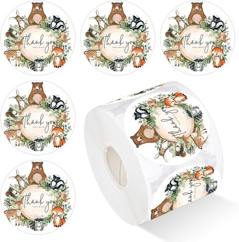 500Pcs Baby Shower Stickers Roll 2" Woodland Animal Thank You Seal Stickers Greenery Forest Animal Adhesive Sealing Labels for Birthday Gift Packing Envelope Party Favor Decor in Saudi Arabia