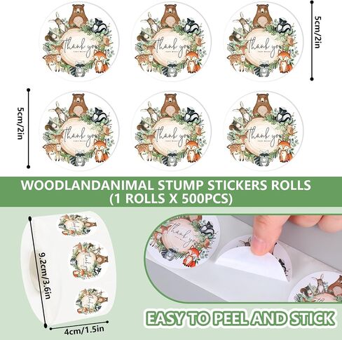500Pcs Baby Shower Stickers Roll 2" Woodland Animal Thank You Seal Stickers Greenery Forest Animal Adhesive Sealing Labels for Birthday Gift Packing Envelope Party Favor Decor in Saudi Arabia