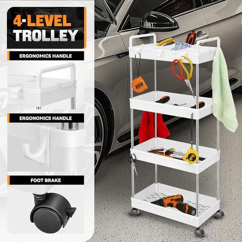 سعة Auto Dynasty 3 Tier Slim Rolling مع مقبض ، عربة تخزين متعددة الوظائف ، منظم تخزين متحرك مع عجلات للمكتب ، الحمام ، المطبخ ، الأماكن الضيقة (أبيض) in Kuwait