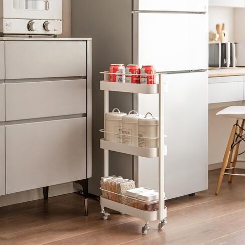 Rolling Storage Cart, 3 Tier Bathroom Organizer Mobile Shelving Unit, Metal Utility Cart Tower Rack for Kitchen Laundry Narrow Places(Fully Assembled Furniture, White) in Saudi Arabia