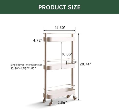 Rolling Storage Cart, 3 Tier Bathroom Organizer Mobile Shelving Unit, Metal Utility Cart Tower Rack for Kitchen Laundry Narrow Places(Fully Assembled Furniture, White) in Saudi Arabia