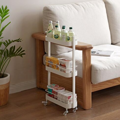 Rolling Storage Cart, 3 Tier Bathroom Organizer Mobile Shelving Unit, Metal Utility Cart Tower Rack for Kitchen Laundry Narrow Places(Fully Assembled Furniture, White) in Saudi Arabia