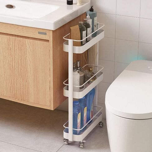 Rolling Storage Cart, 3 Tier Bathroom Organizer Mobile Shelving Unit, Metal Utility Cart Tower Rack for Kitchen Laundry Narrow Places(Fully Assembled Furniture, White) in Saudi Arabia