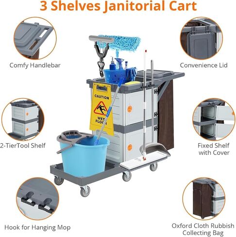 GarveeHome Commercial Janitorial Cart with 2 Cabinet, Traditional 3-Shelf Cleaning Cart On Wheels with Cover and Vinyl Bag, for Housekeeping Hotels Apartment in Saudi Arabia