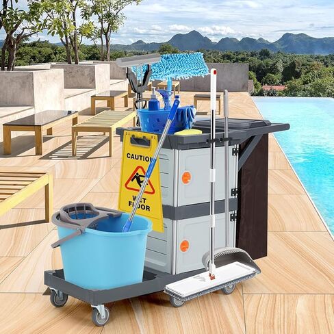 GarveeHome Commercial Janitorial Cart with 2 Cabinet, Traditional 3-Shelf Cleaning Cart On Wheels with Cover and Vinyl Bag, for Housekeeping Hotels Apartment in Saudi Arabia