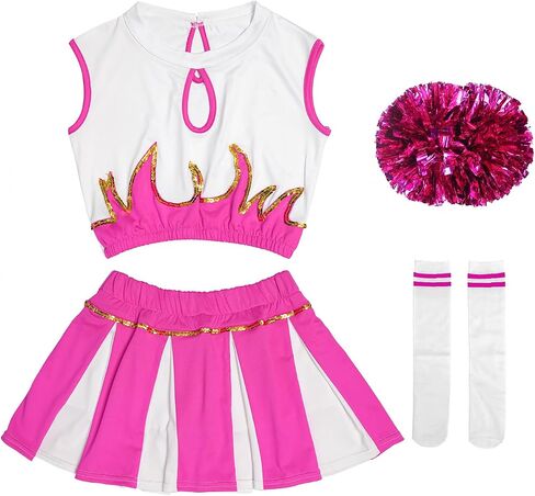 LOLANTA Girls Cheerleader Costume Pleated Skirt Set Cheerleader Outfit with Pom Pom in Kuwait