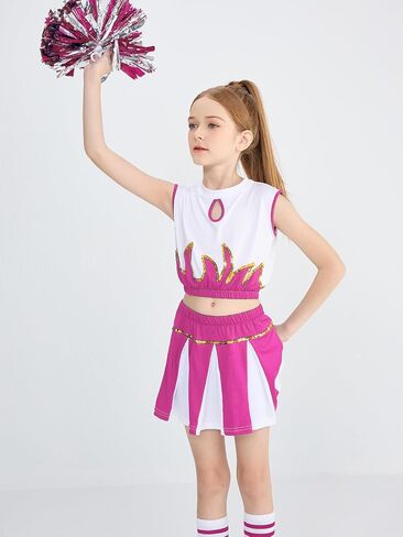 LOLANTA Girls Cheerleader Costume Pleated Skirt Set Cheerleader Outfit with Pom Pom in Kuwait