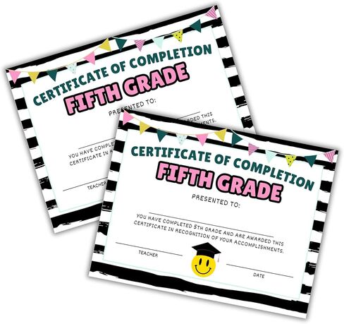 Fifth 5th Grade Certificate of Completion Graduation Diploma 30pk 8.5x11" Smiley Face Daisy 90’s Seed Bracelet Checkered Neutral Award Theme Trendy in Saudi Arabia