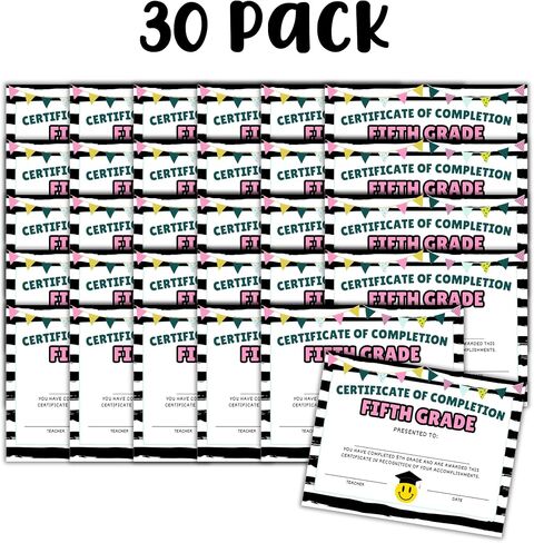 Fifth 5th Grade Certificate of Completion Graduation Diploma 30pk 8.5x11" Smiley Face Daisy 90’s Seed Bracelet Checkered Neutral Award Theme Trendy in Saudi Arabia