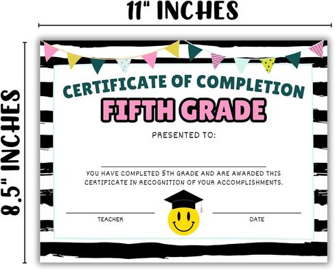 Fifth 5th Grade Certificate of Completion Graduation Diploma 30pk 8.5x11" Smiley Face Daisy 90’s Seed Bracelet Checkered Neutral Award Theme Trendy in Saudi Arabia