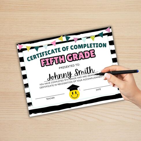 Fifth 5th Grade Certificate of Completion Graduation Diploma 30pk 8.5x11" Smiley Face Daisy 90’s Seed Bracelet Checkered Neutral Award Theme Trendy in Saudi Arabia