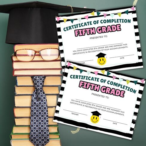 Fifth 5th Grade Certificate of Completion Graduation Diploma 30pk 8.5x11" Smiley Face Daisy 90’s Seed Bracelet Checkered Neutral Award Theme Trendy in Saudi Arabia