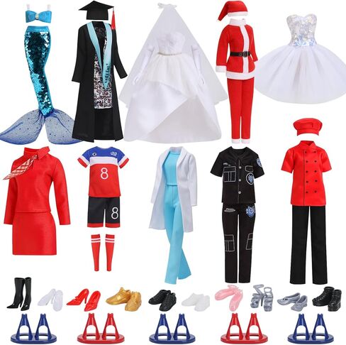 51 PCS Doll Clothers and Associory - 10 ملابس ذات طابع تحت عنوان (الطبيب ، العروس ، حورية البحر ، سانتا ، الطهاة وما إلى ذلك) ، 10 أحذية ، 5 مواقف - تناسب 11.5 بوصة دمى - ألعاب Girl's Gift (دمية غير متضمنة) in Saudi Arabia