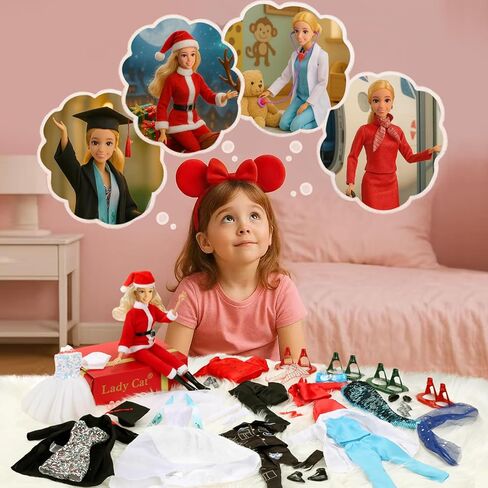 51 PCS Doll Clothers and Associory - 10 ملابس ذات طابع تحت عنوان (الطبيب ، العروس ، حورية البحر ، سانتا ، الطهاة وما إلى ذلك) ، 10 أحذية ، 5 مواقف - تناسب 11.5 بوصة دمى - ألعاب Girl's Gift (دمية غير متضمنة) in Saudi Arabia