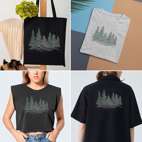 SUPERDANT Iron on Rhinestones Transfer Snow Covered Trees Bling Decals Winter Pine Snow T-Shirt Crystal Heat Transfer Hot Fix Stickers Patch Crystal Decor for Christmas Bags Clothing DIY Art Craft in Saudi Arabia